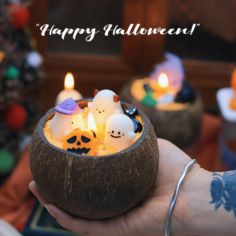 Halloween candles Coconut shells Ghost pumpkin design