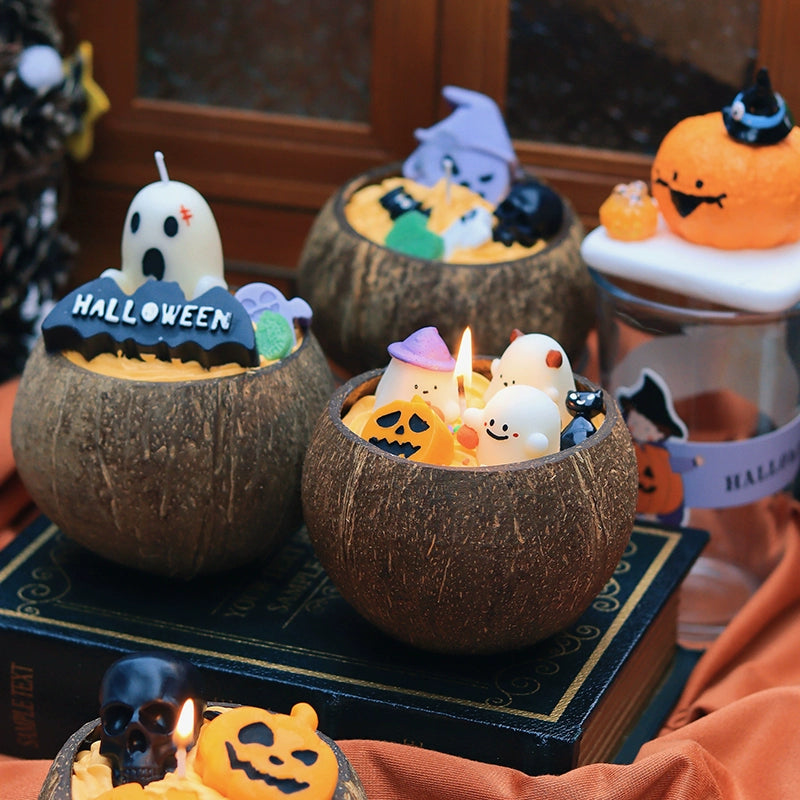 Halloween candles Coconut shells Ghost pumpkin design