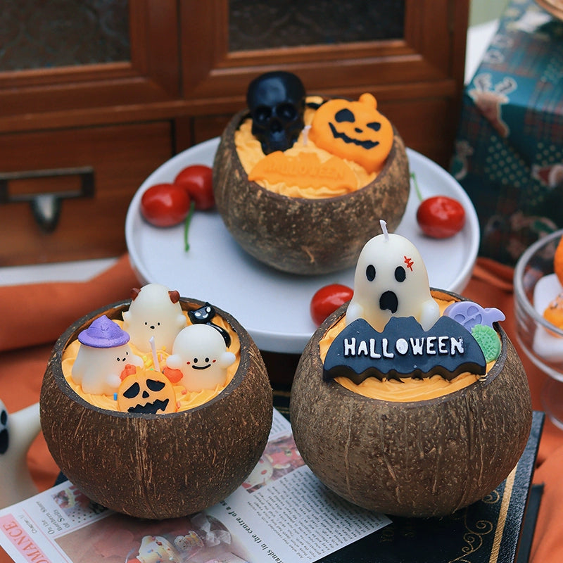 Halloween candles Coconut shells Ghost pumpkin design