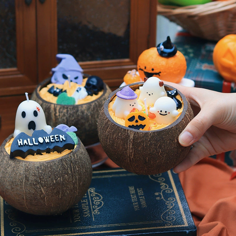 Halloween candles Coconut shells Ghost pumpkin design